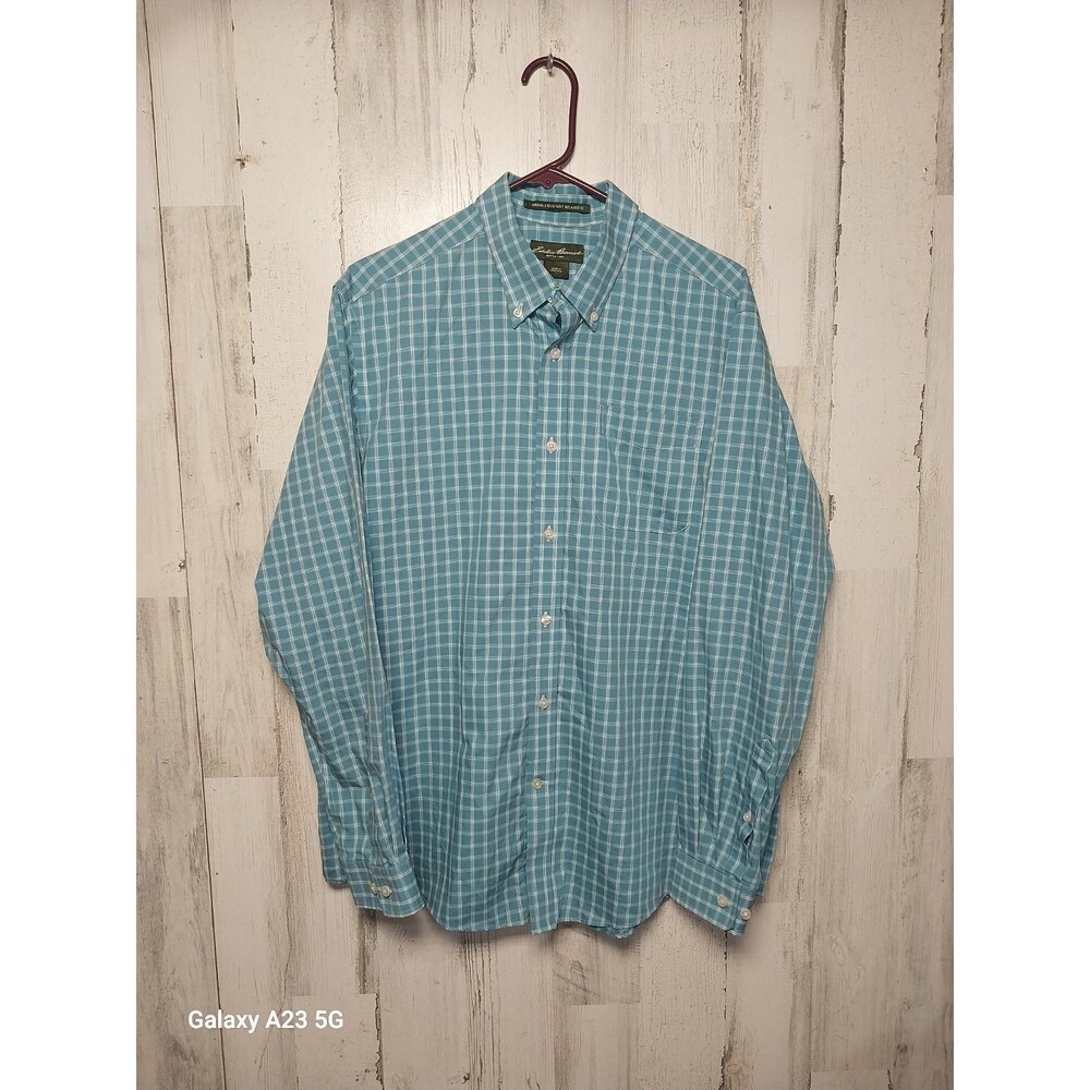 Eddie Bauer Wrinkle Resistant Button Down Shirt Large Turquoise Plaid Blue Teal